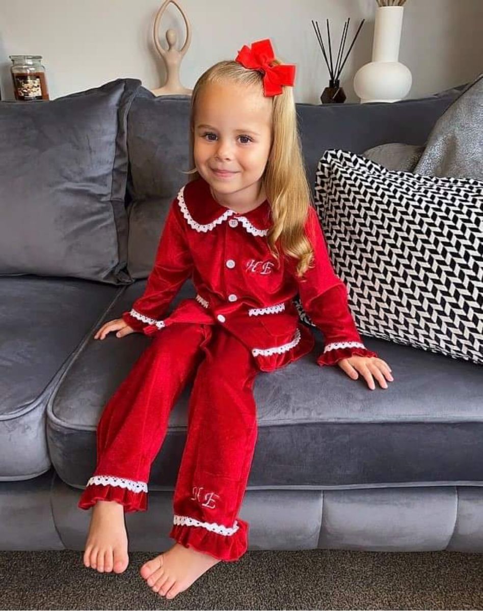 Red Kids Luxury Velvet Personalised Christmas Eve Pyjamas